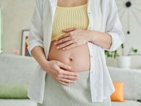 Mulher grávida com as mãos apoiadas na barriga, destacando o início da gestação. Mulher grávida com as mãos apoiadas na barriga, destacando o início da gestação.