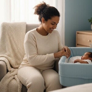 Mãe sentada no sofá enquanto olha sorrindo para o bebê deitado no moisés azul em um quarto de tons claros.