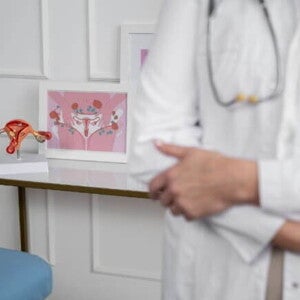Médica com jaleco de branco ao lado de modelos anatômicos de órgãos reprodutivos femininos. Médica com jaleco de branco ao lado de modelos anatômicos de órgãos reprodutivos femininos.