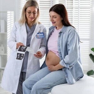 Médica mostrando uma imagem de ultrassom para uma gestante sentada, que toca a barriga, ilustrando um momento chave do acompanhamento na primeira consulta.