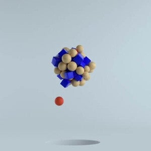 Uma bola vermelha paira sobre um buraco, enquanto formas de madeira e azuis flutuam acima, representando aminoácido taurina. 