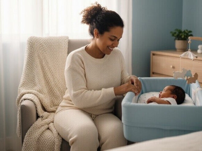 Mãe sentada no sofá enquanto olha sorrindo para o bebê deitado no moisés azul em um quarto de tons claros.