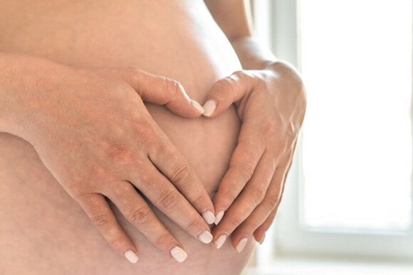 Gestante com as mãos sobre a sua barriga formando um coração Gestante com as mãos sobre a sua barriga formando um coração